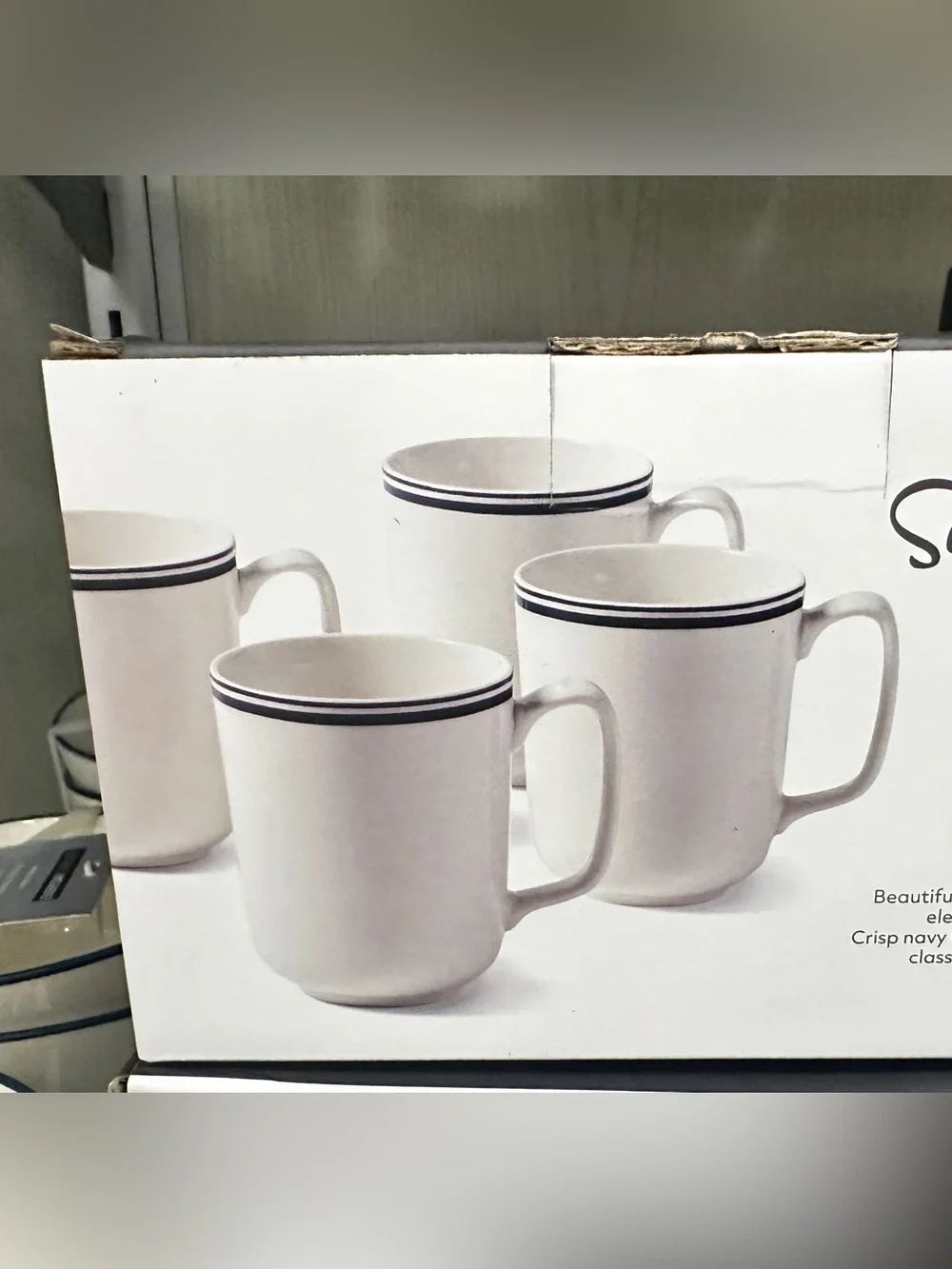 Sur La Table White Mugs with Navy Stripe - Set of 4 white, durable porcelain